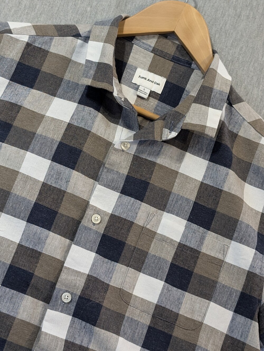 Frank And Oak Gingham Plaid Button Shirt Men's Large Grey Black Linen Blend